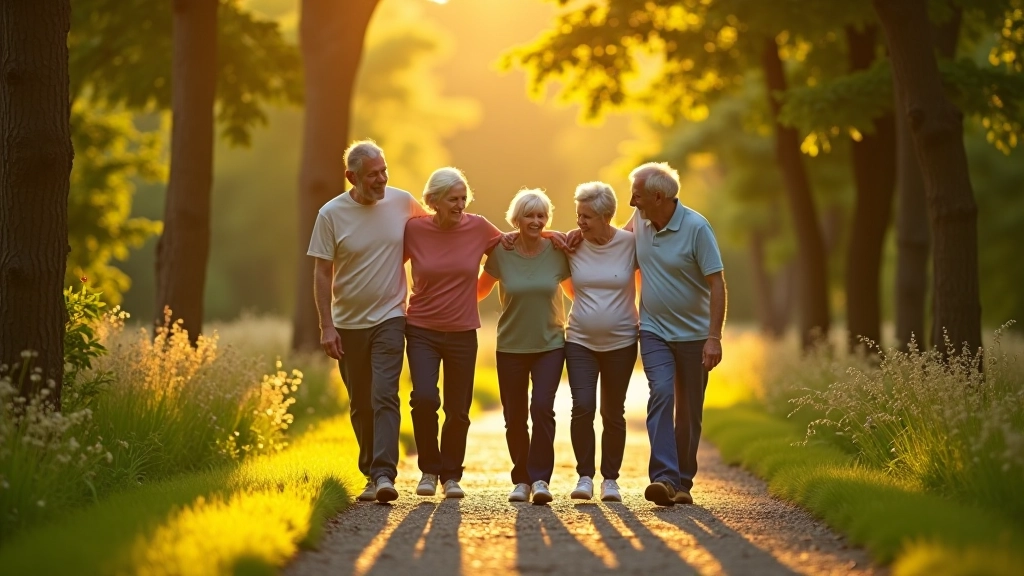 Pensionāru grupa mierīgi staigā cauri monastīru dārzam, socializācija un veselīgs dzīvesveids